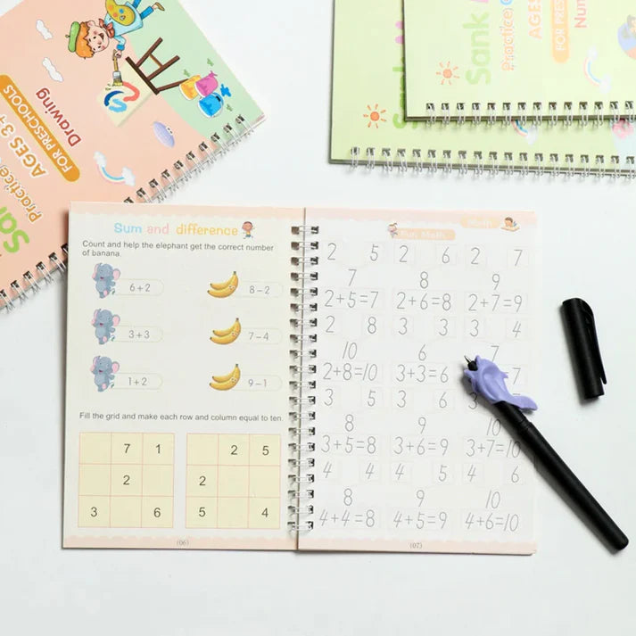 Sank Reusable Calligraphy Magic Practice Book (4 Books + 10 REFILL+1 Pen +1 Grip)