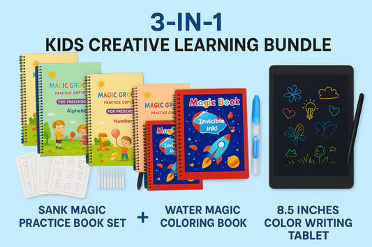 3 in 1 Kids’ Creative Learning Bundle– Magic Practice Book set 4+10+1+1| Magic Water Book 1+1 | 8.5 inches LCD Writing Tablet 1+1