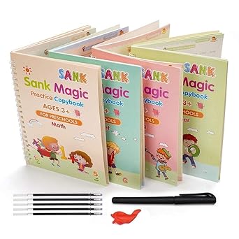 Sank Reusable Calligraphy Magic Practice Book (4 Books + 10 REFILL+1 Pen +1 Grip)